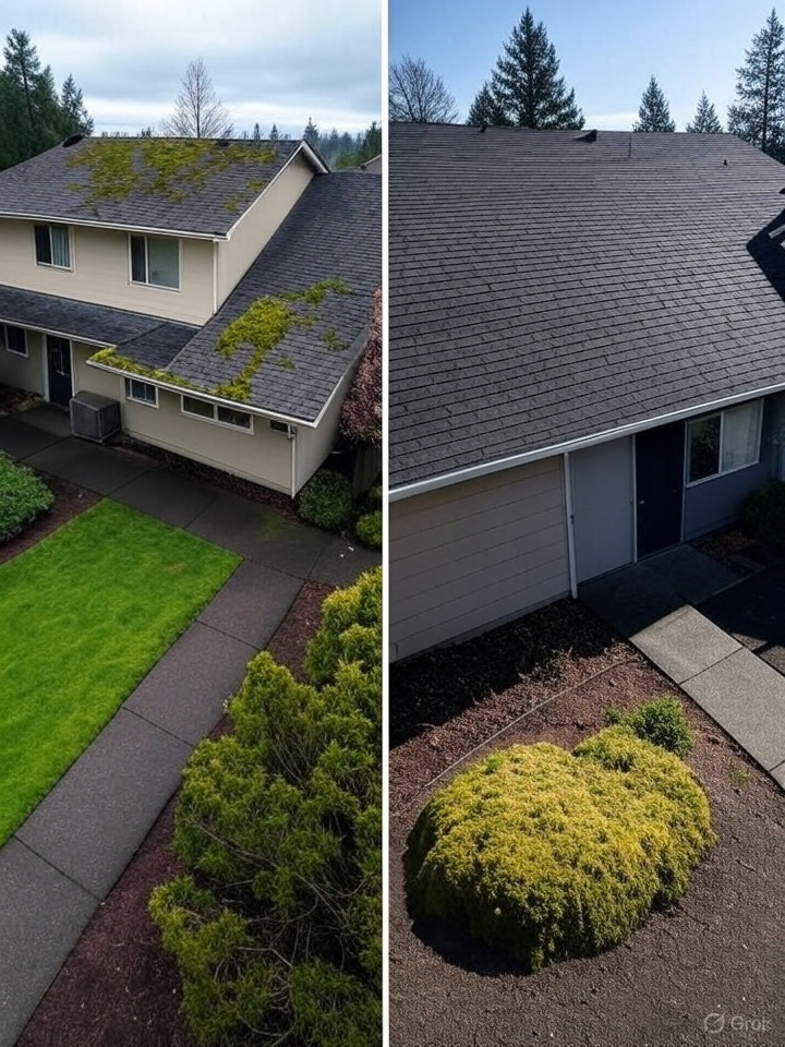 Before and after roof cleaning removing moss in Eugene, OR